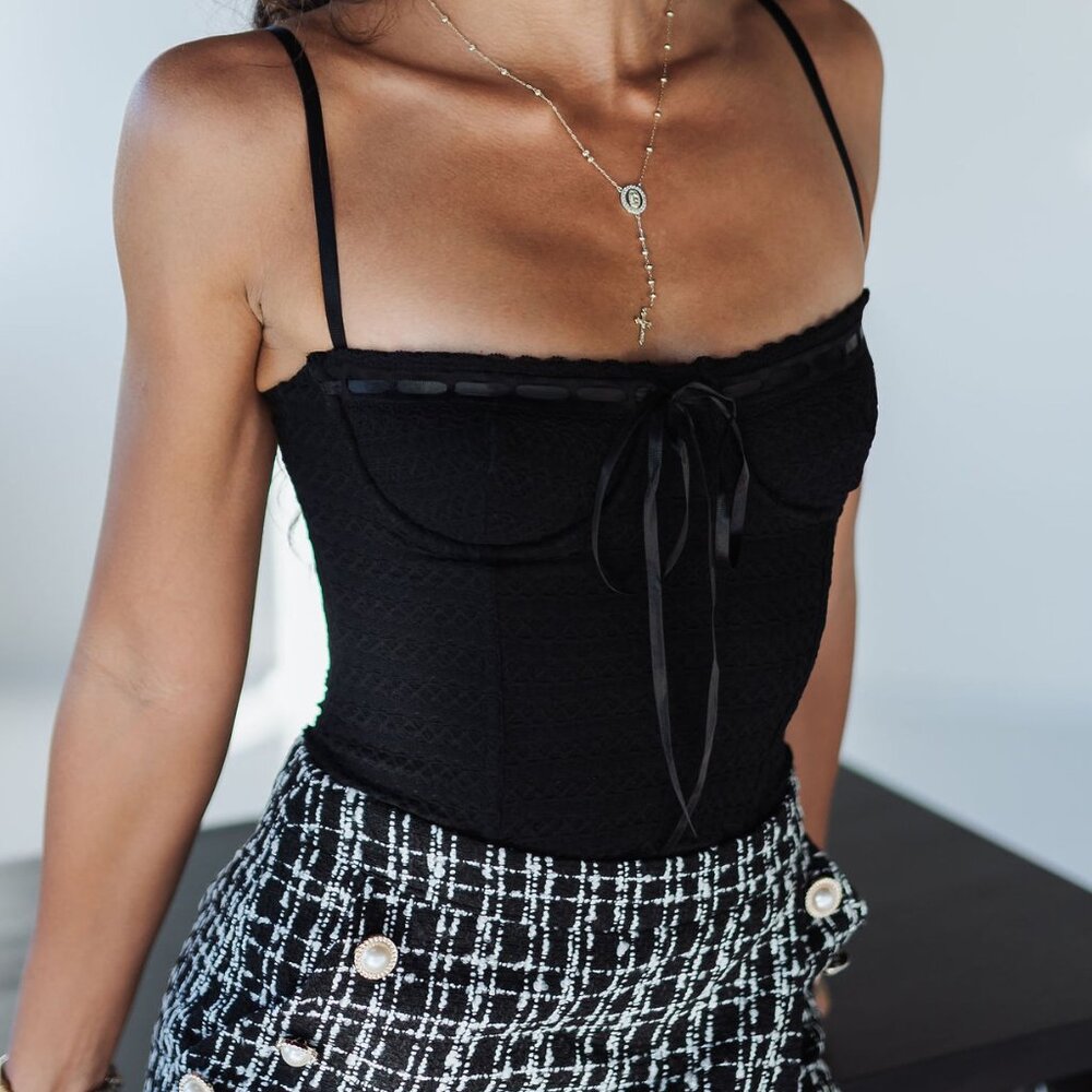 Black Lace Trim Corset Bustier Top Satin Bow Underwire Strap Top NWT - Picture 5 of 7